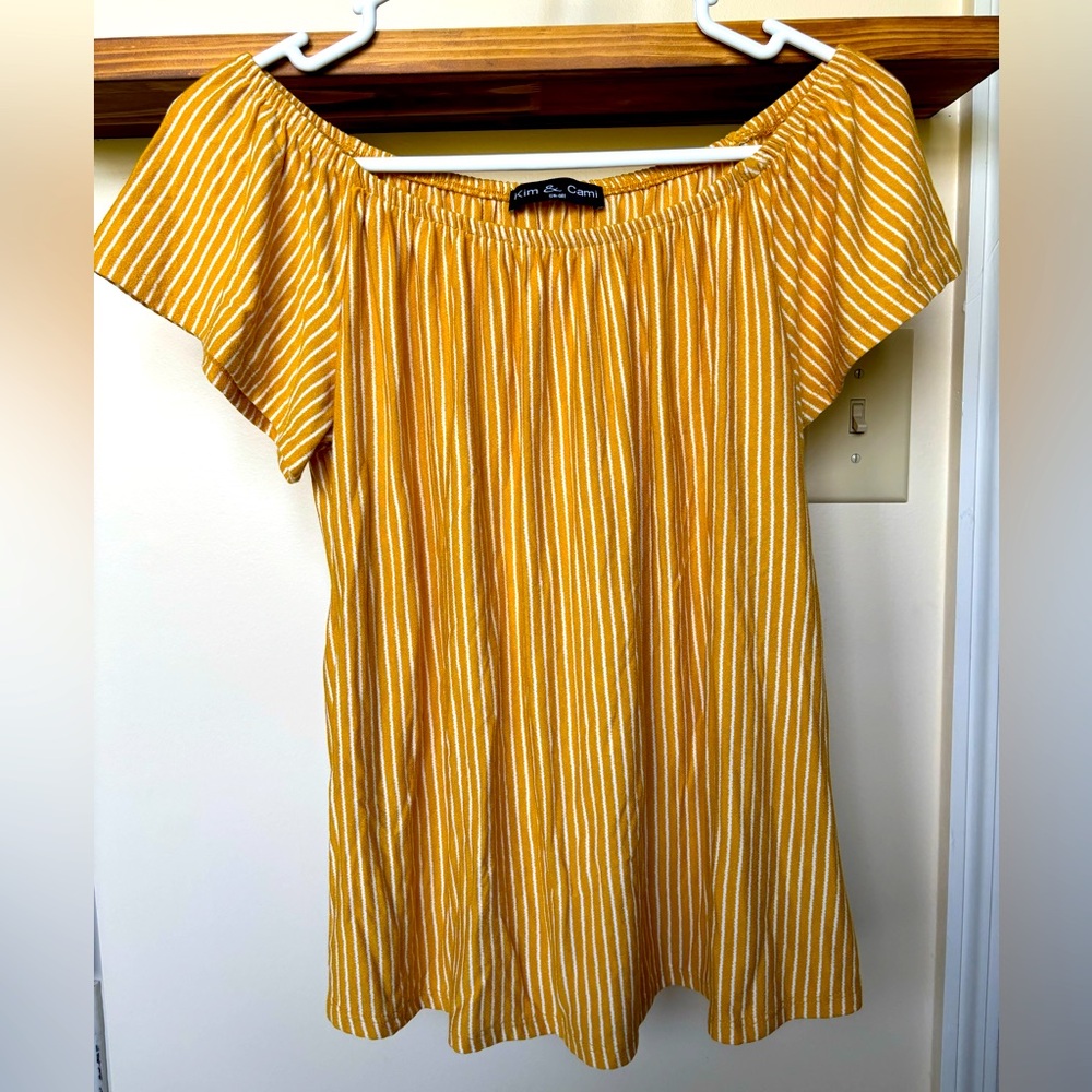 Yellow pinstripe off the shoulder blouse, size small